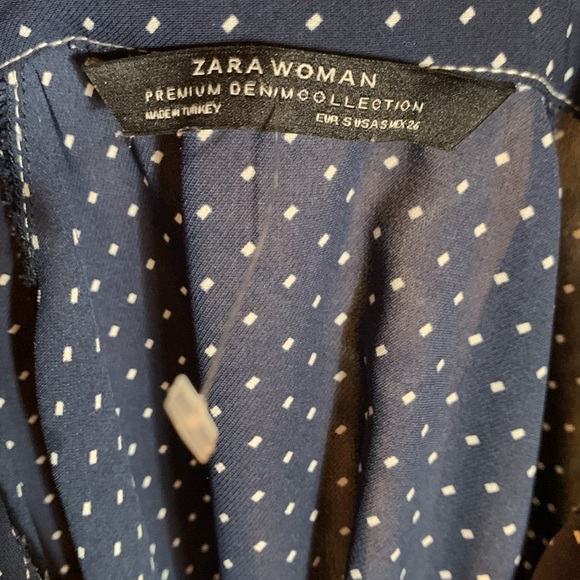 Zara Premium Denim Collection Navy Polka Dot Crop Long Sleeve Blouse Size Small - Picture 7 of 12